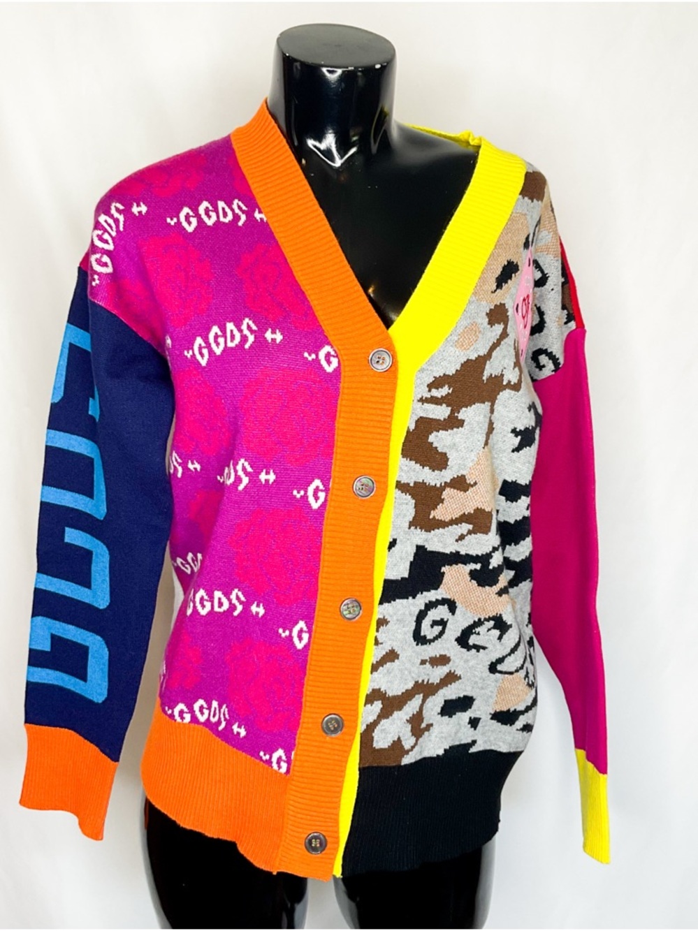 Patchwork Colourblock Cardigan Multicolour Button Front Knit - Picture 10 of 12